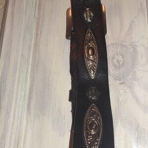 Harley-Davidson Silver and Black Leather Belt with Vintage Medallions